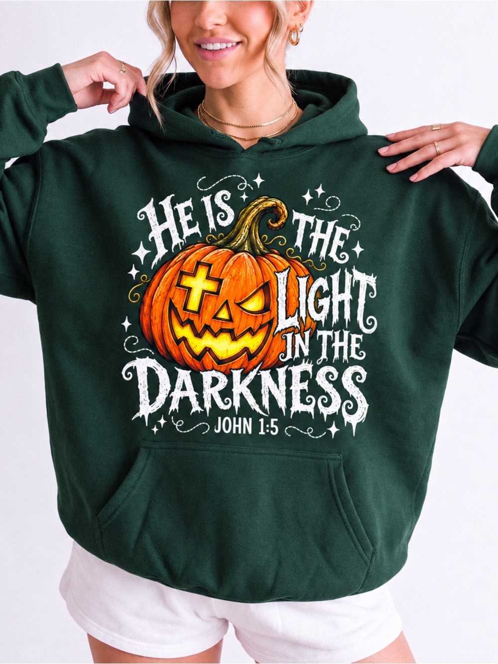 Christian Halloween John 1:5 Faith Pumpkin Hoodie Gildan Green NWT